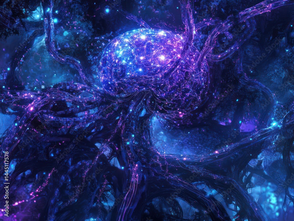 Artificial Intelligence conceptual background, intricate digital brain formed by glowing circuits and neural pathways