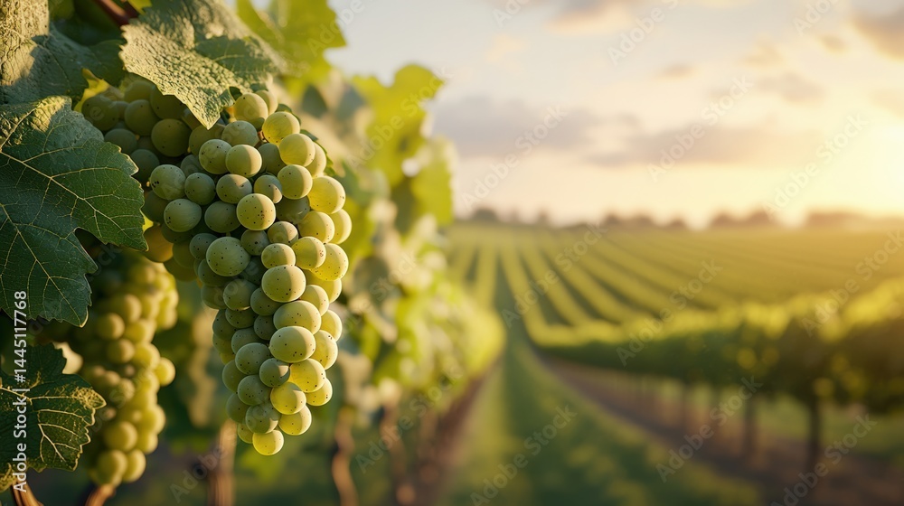 Fototapeta premium Golden sunlight bathing vibrant grape bunches in a picturesque vineyard