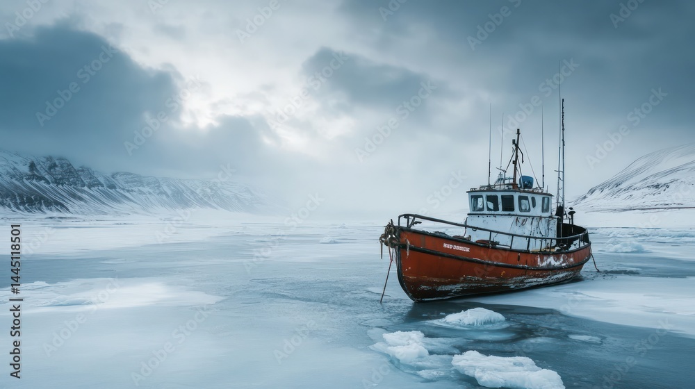 Fototapeta premium Fishing boat on frozen polar waters