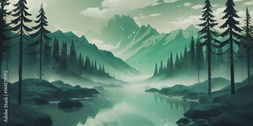 Serene forest river landscape with misty mountains in the background, reflecting soft morning light. A tranquil digital illustration capturing the calm flow of nature in a peaceful setting.