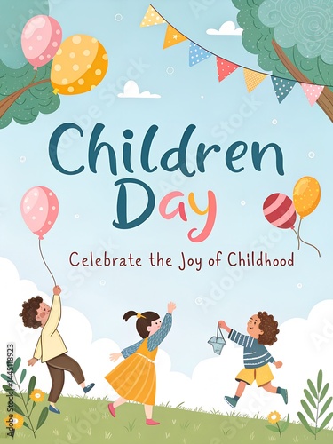Children’s Day Celebration Background Template with Colorful Elements and Text Inscription for Holiday Social Media Post Design