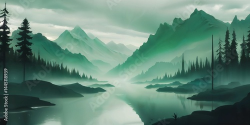 Misty river flowing through a mountain valley, surrounded by foggy trees and soft morning light. A tranquil digital illustration capturing the peaceful stillness of untouched nature.