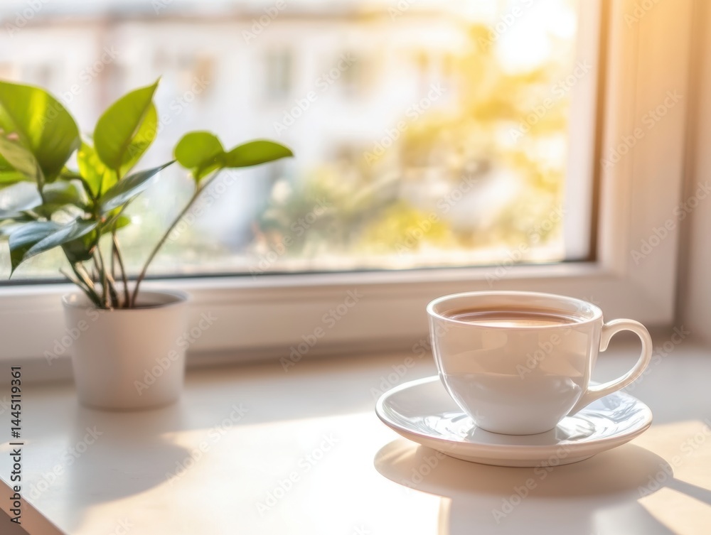 Morning Serenity Cup of Warm Drink on Window Sill with Plant and Soft Sunshine Creates a Peaceful Atmosphere Morning Serenity Cup of Warm Drink on Window Sill with Plant and Soft Sunshine Creates a Peaceful Atmosphere