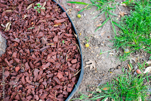 Quadro em tela Red recycled rubber mulch nuggets retained inside tight circle ring of black pla