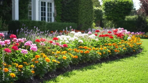 Vibrant floral arrangement in a formal garden setting enhances building exterior