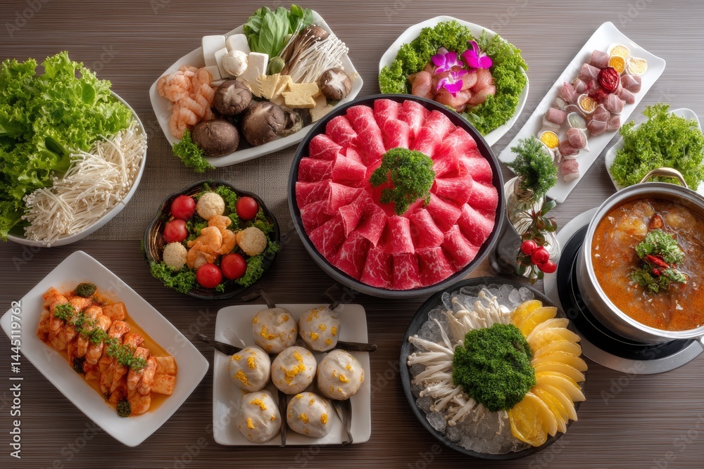 Delectable hot pot feast showcasing an array of fresh ingredients for communal cooking and Delectable hot pot feast showcasing an array of fresh ingredients for communal cooking and