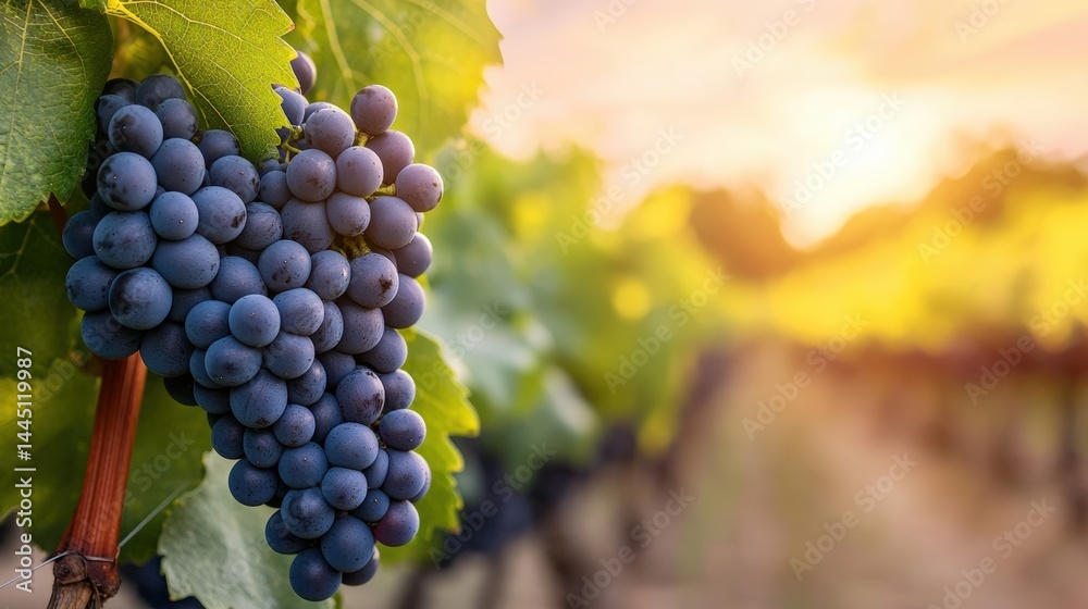 Naklejka premium Ripe grapes hanging on vine in golden sunlight at vineyard