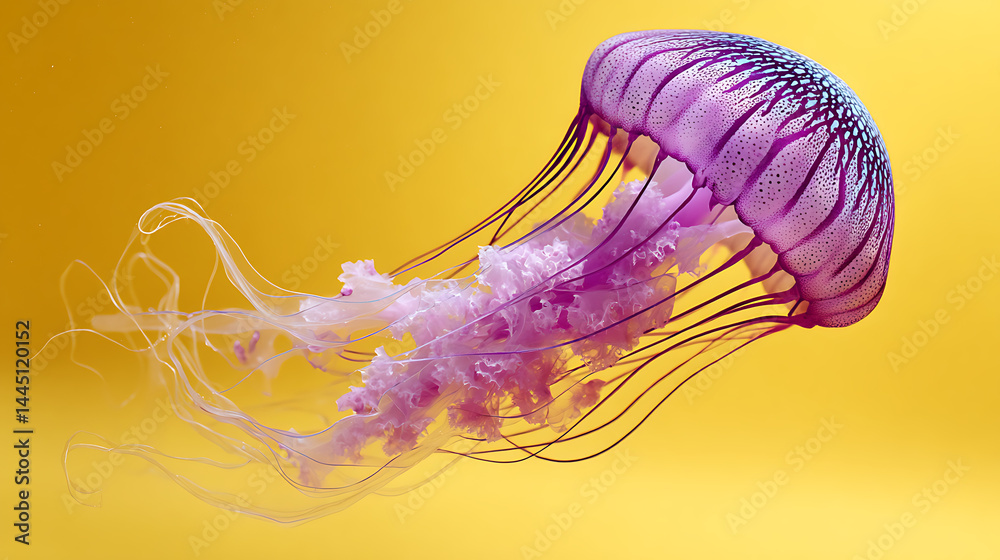 Obraz premium Colorful jellyfish gracefully swimming in vibrant yellow water, showcasing its delicate tentacles