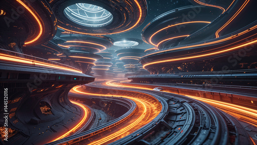 Futuristic cityscape with elevated roads and glowing light trails sci fi architecture