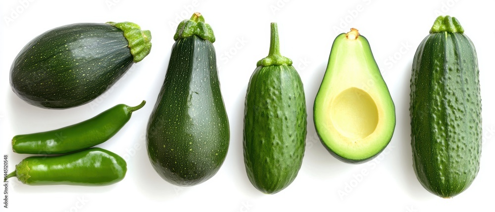 Variety of Fresh Green Vegetables in a Flat Lay Style Against a Clean White Backdrop Top Down View Variety of Fresh Green Vegetables in a Flat Lay Style Against a Clean White Backdrop Top Down View