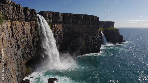 Waterfall plunging from rugged cliffs into turquoise ocean with misty spray
