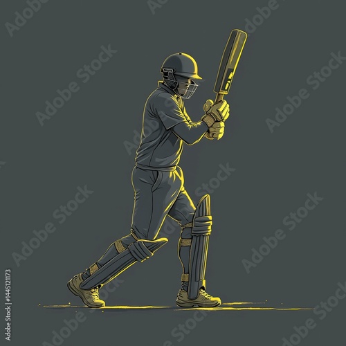 Cricket batsman in dynamic pose to hit the ball, vector illustration of player in action, serving as a cricket logo or symbol, isolated on a sleek grey background