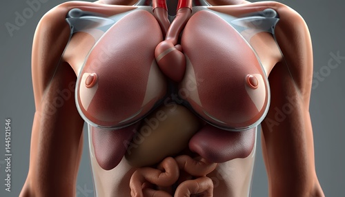 Anatomical Rendering of Human Torso Featuring Lungs Heart Liver and Intestines on Plain Gray Background Medical Visualization