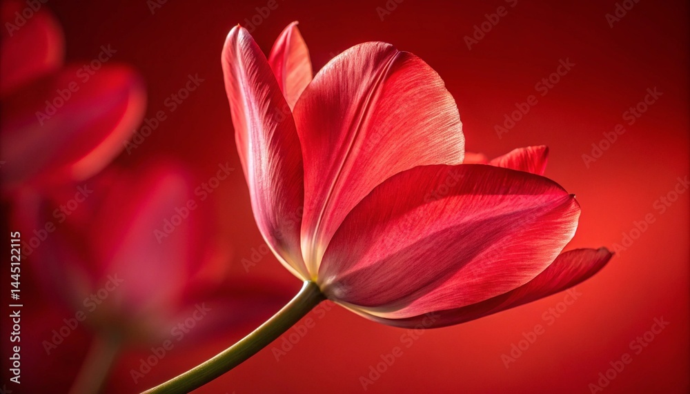Fototapeta premium Macro photograph of a red tulip on a red colored background. Generative AI 