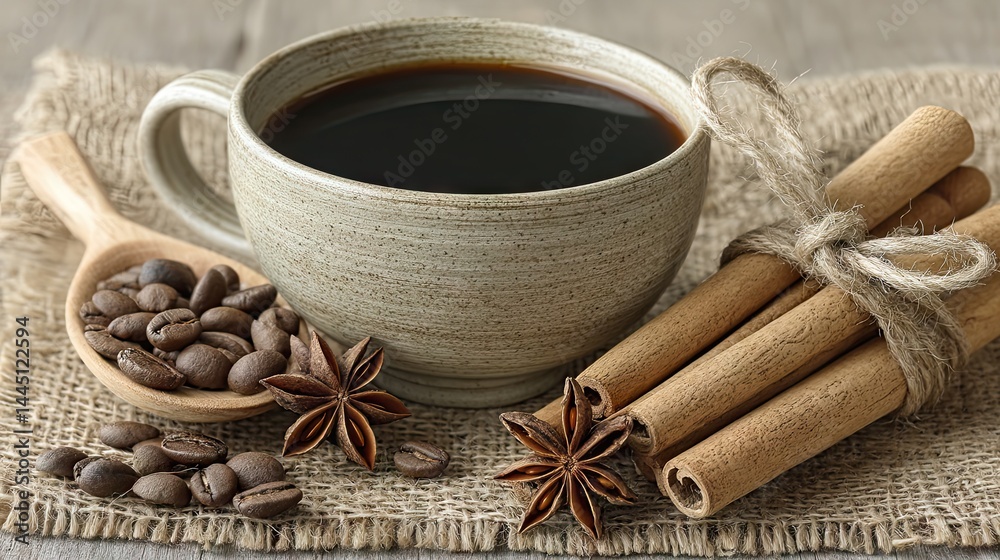 Aromatic coffee with cinnamon sticks, star anise, and coffee beans on burlap Aromatic coffee with cinnamon sticks, star anise, and coffee beans on burlap
