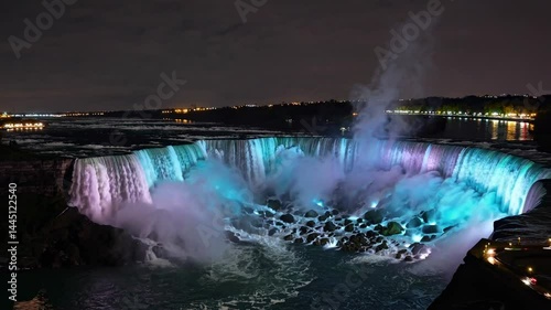 Niagara Falls illuminated in blue and green at night
