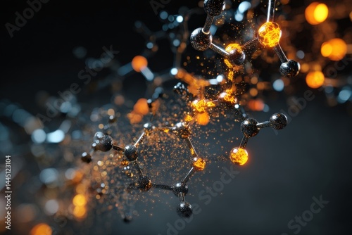 Abstract 3D rendering of glowing molecules.  Intricate network of atoms connected by bonds.  Dark background.