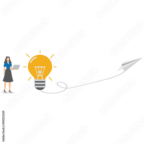 Startup business idea concept, paper plane flying up connected with light bulb