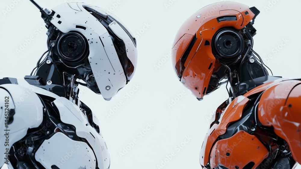 Two robots with one white and one orange