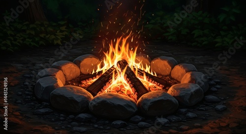 Burning Campfire with Rocks in Forest Creates a Cozy Atmosphere