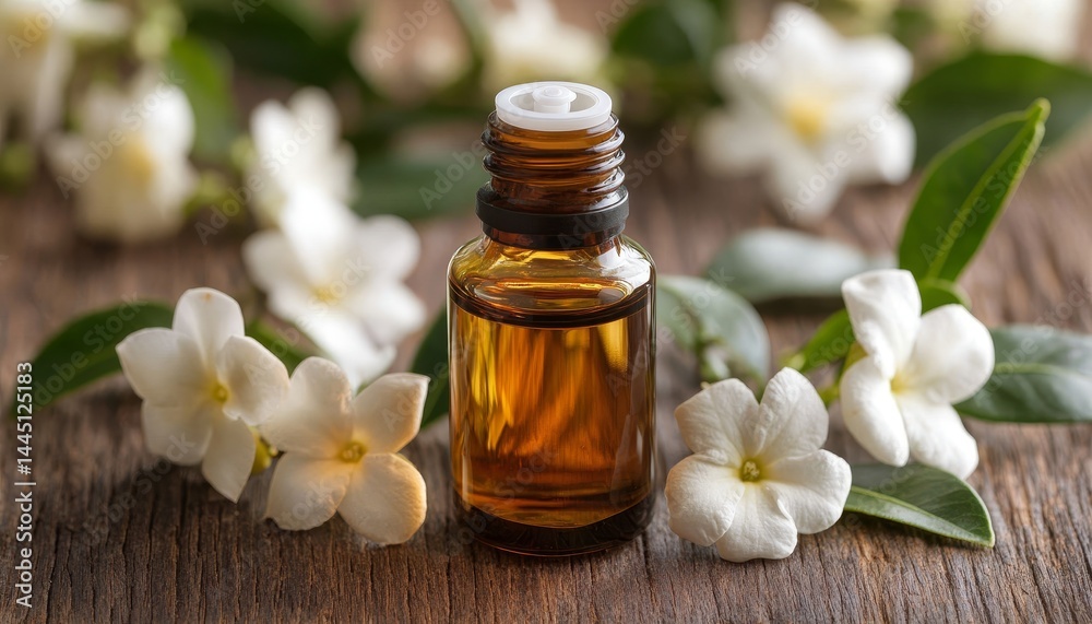 Jasmine Essential Oil Aromatherapy and Spa Concept with Jasmine Flowers on Rustic Wood Jasmine Essential Oil Aromatherapy and Spa Concept with Jasmine Flowers on Rustic Wood