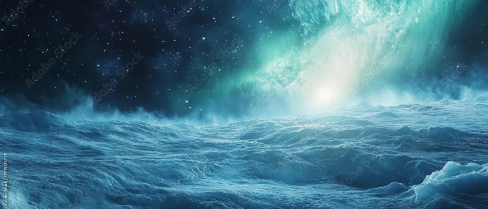 A blue ocean with a bright green cloud in the sky