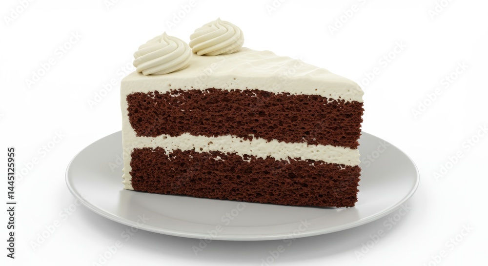 A slice of chocolate cake with white frosting and two swirls on a white plate isolated on white A slice of chocolate cake with white frosting and two swirls on a white plate isolated on white