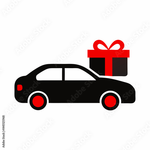 Black car with gift box vector on white background.
