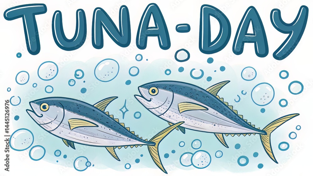 Obraz premium Doodle-style sketch of tuna swimming under bubbly hand-lettered Tuna Day title