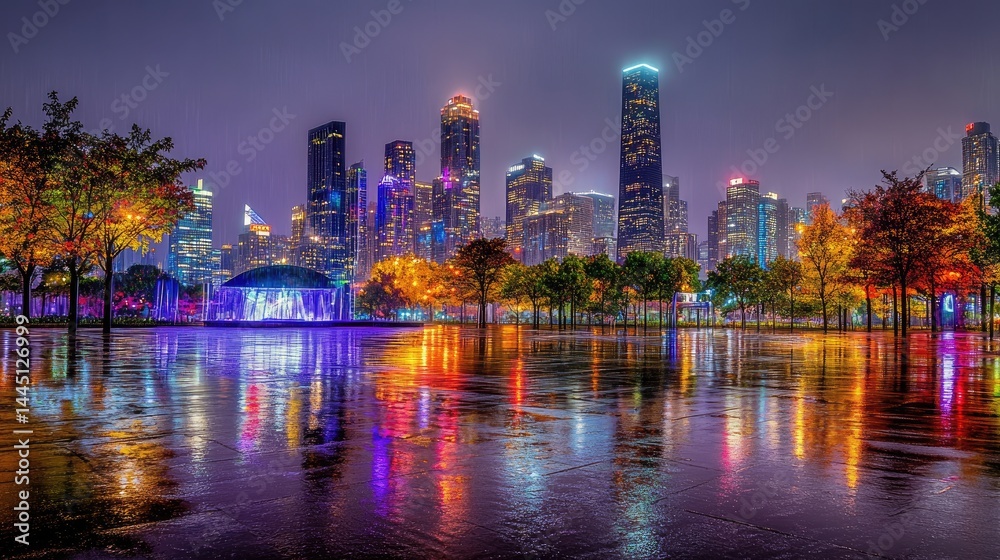 Naklejka premium Night Cityscape Vibrant Reflections in Autumn Rain.