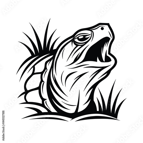 Turtle Head Out Of Shell Opening Mouth, Bushy Grass, Silhouette Style, Wildlife Reptile
