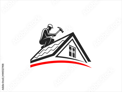 A black and white illustration depicts a skilled worker meticulously performing roofing work on a house's pitched roof.