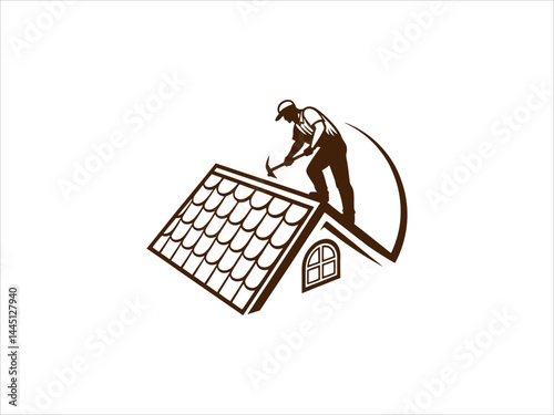 A black and white illustration depicts a skilled worker meticulously performing roofing work on a house's pitched roof.