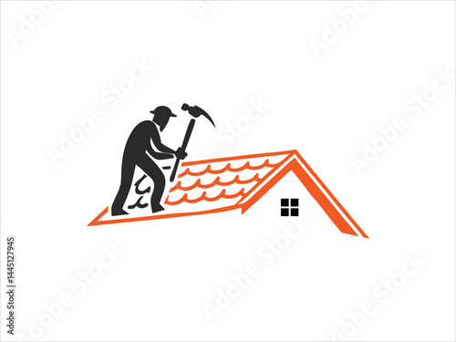 A black and white illustration depicts a skilled worker meticulously performing roofing work on a house's pitched roof.