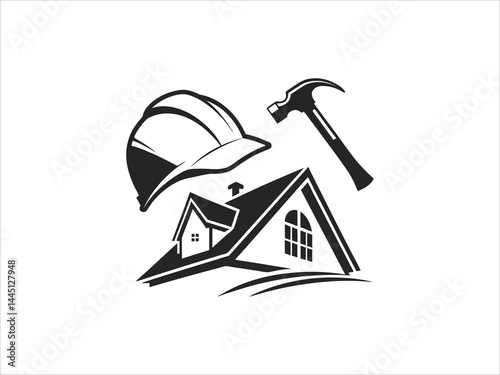 A black and white illustration depicts a skilled worker meticulously performing roofing work on a house's pitched roof.