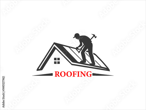A black and white illustration depicts a skilled worker meticulously performing roofing work on a house's pitched roof.
