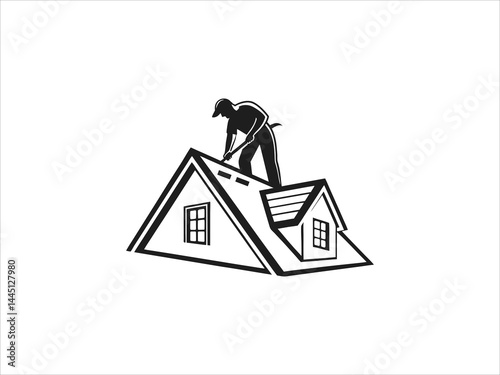 A black and white illustration depicts a skilled worker meticulously performing roofing work on a house's pitched roof.