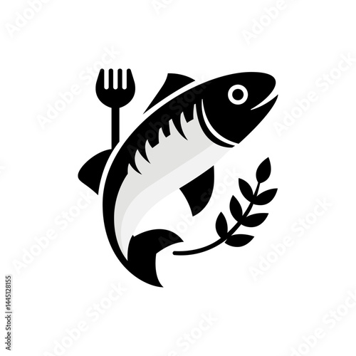 Fish with a fork and knife in its mouth. The fish is surrounded by leaves. Concept of a meal, with the fish being the main dish and the fork and knife being utensils used to eat it