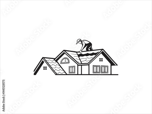 A black and white illustration depicts a skilled worker meticulously performing roofing work on a house's pitched roof.