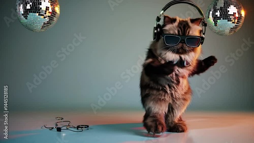 Stylish cat wearing headphones and sunglasses dancing under disco lights with copy space