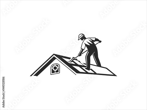 A black and white illustration depicts a skilled worker meticulously performing roofing work on a house's pitched roof.
