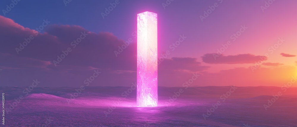 A tall pink pillar in a field with a sunset in the background