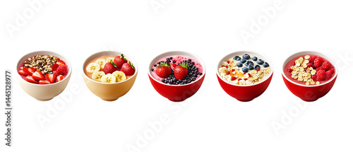 Set of Smoothie Bowls with Fruits and Seeds in Five Different Poses on Transparent Background for Nutrition Graphics, Recipe Design, or Wellness Branding photo