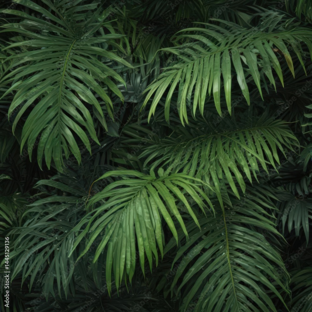 Fototapeta premium Deep green palm leaf, showcasing intricate detail and rich texture , rainforest, background, botany