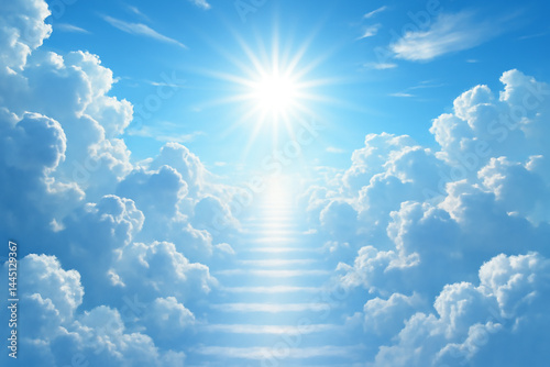 White staircase into heaven, angelical realm, merging with golden light and stars, representing the journey to unknown realms of thought