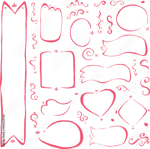 Set of red hand drawn curved line frames: long ribbon, wavy ribbons, heart, round shapes, rhomb