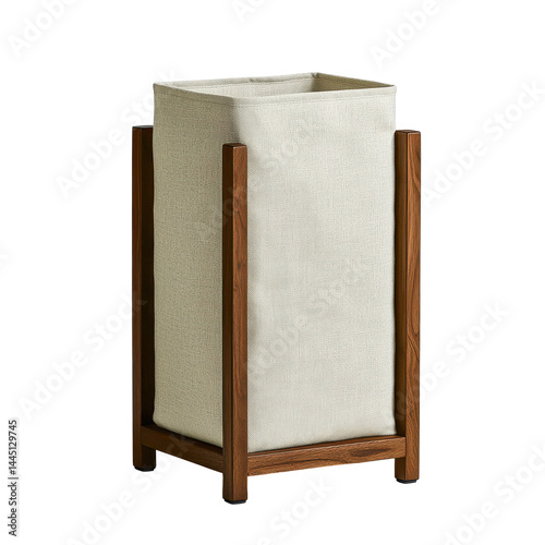 Modern tall fabric laundry hamper with wooden frame for bedroom bathroom or utility room storage organization on transparent background