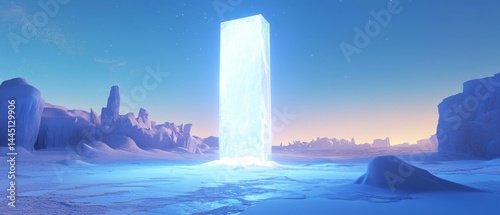 Obraz na płótnie A large, glowing ice block stands in the middle of a snowy landscape w salonie