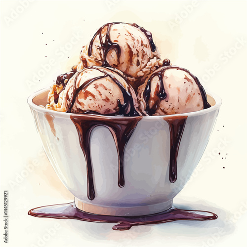 Bowl Of Vanilla Ice Cream With Chocolate Syrup, watercolor vector, isolated on a white background.