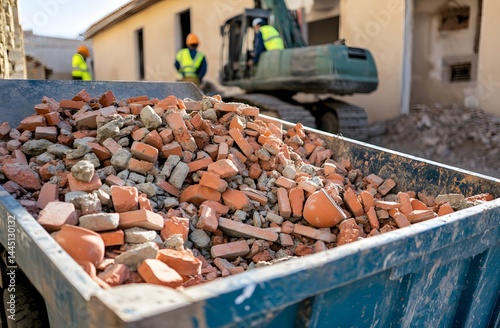 Construction debris in a dump truck at a demolition site.